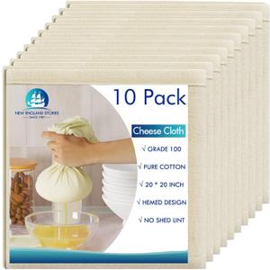 10 PCS Reusable Cheesecloth, Grade 100, 20x20 Inch Hemmed Cheese Cloth for Straining Craft, 100% Cotton Unbleached Cloth Strainer for Cooking, Baking, Juicing, Cheese Making