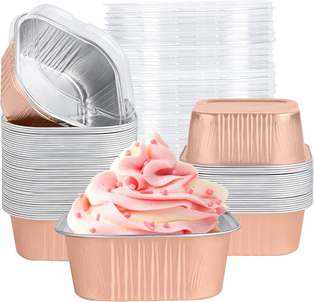 40 Pack Mini Cake Pans with Lids, 5oz Square Aluminum Foil Brownie Baking Cups, Muffin Tin Ramekins, Disposable Dessert Cupcake Cups for Wedding Birthday Party, Champagne