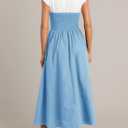 Wenrine Womens Casual Summer Midi Dress Smocked Cap Sleeve Crew Neck Color Block A Line Flowy Beach Dresses (Sky Blue)