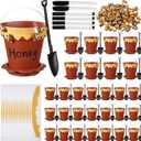 Jingmore 30 Sets Bee Honey Jars Party Favors Bulk, Mini Plastic Bee Theme Honey Jar Pots Decoration with Lids, Dippers and Saucers for DIY Cupcake Dessert Baby Shower Wedding Party Gift Set (Brown)