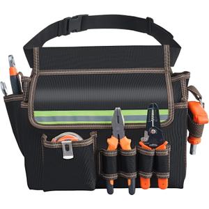 Tool Belt with Reflective Stripes - Adjustable Waist Belt & Shoulder Strap, 1680D Waterproof Oxford Fabric, Tool Pouch Belt with Stronger Long-Lasting for Electricians, Plumbers, Handymen, DIY