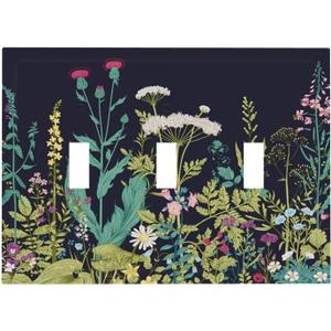 Black Colorful Country Wild Flower Floral Triple Toggle Decorator Outlet Light Switch Wall Plate Cover Spring Bloom Garden Nature Botany Jumbo Decorative 3 Gang Three Device Receptacle Faceplate Cover