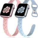 JR.DM 2 Pack Engraved Silicone-Bands Compatible with Apple Watch Band 38mm 40mm 41mm 42mm 44mm 45mm 46mm 49mm, Slim Feminine Fashion Leaf Waterproof Strap,For iWatch Series 11 10 9 8 7 6 5 4 3 2 1 Women (A 2Pcs Sand Pink/Fog Blue)