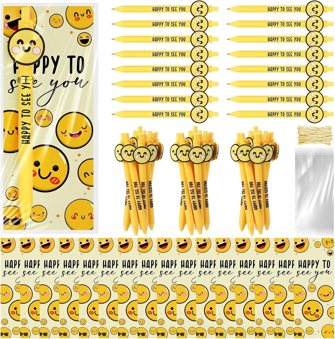 25 Sets Smile Pens Bulk Happy Face Ballpoint Pens with Bookmarks Appreciation Gifts for Students Teachers Employee School Classroom Office Party Favors