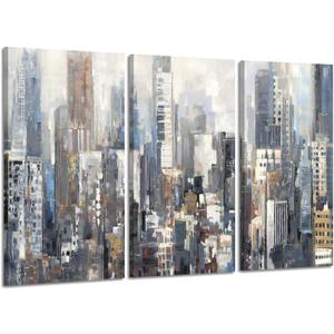 Abstract Cityscape Canvas Wall Art: City Artwork Picture Painting Prints on Canvas for Living Room (26'' x 16'' x 3 Panels)