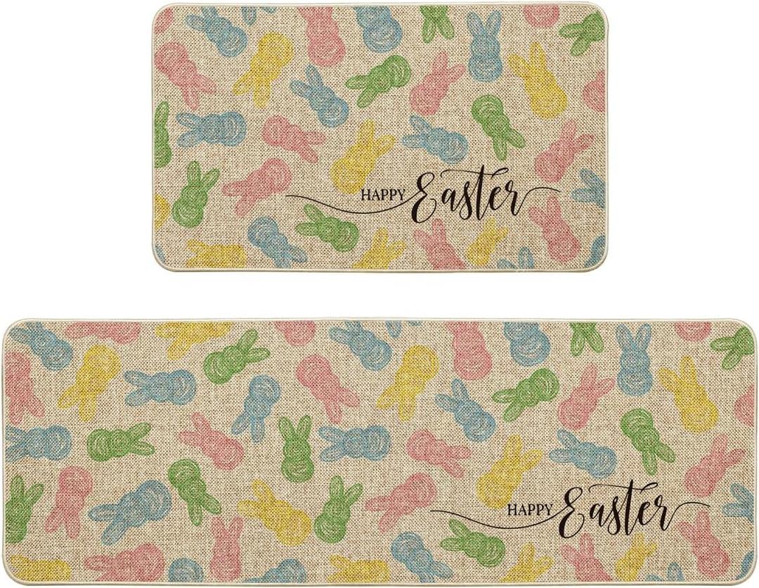 Artoid Mode Colorful Bunny Happy Easter Kitchen Mats Set of 2, Home Seasonal Spring Easter Holiday Holiday Party Floor Mat - 17x29 and 17x47 Inch (Beige)