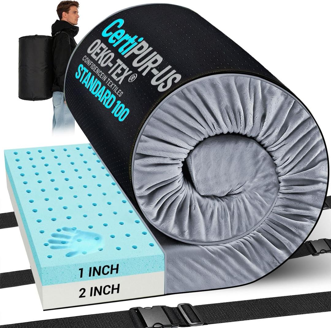 Memory Foam Camping Mattress, Ventilated Breathable Design CertiPUR-US & Oeko-TEX Certified Sleeping Pad Waterproof 3inch Non-Slip Portable Sleeping Camping Mat with Storage Bag for Car Travel, Light Grey, Full-75*54*3 IN 