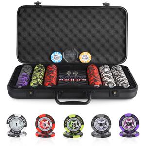 ORIENGEAR Poker Chip Set with Denominations, 300 PCS 14 Gram Clay Composite Casino Chips with ABS Case & 2 Decks of Plastic Cards, for Texas Holdem Blackjack Gambling Games