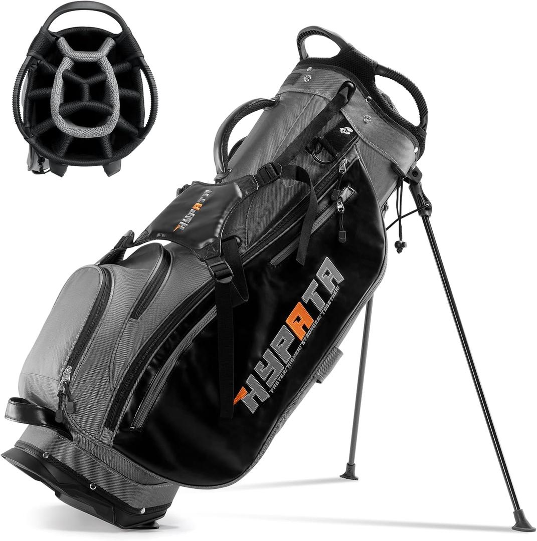 14-Way Golf Bags for Men, Leather Golf Stand Bag with Cooler Pouch, Rangefinder Pouch, Rain Cover Hood (Dark Gray)