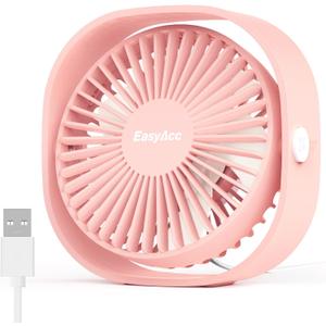 EasyAcc USB Small Desk Fan, Slumber Pod Fan [360Rotatable Head &Powerful ] 3 Speeds Portable Personal Table Travel Fan for Sleeping Desk Cruise Ship Dorm Bedroom Office Office (No Battery) (Cherry Pink)