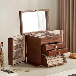 Black Walnut Wooden Jewelry Box, Wood Jewelry Organizer with 2 Side Doors Mirror Lockable Classical for Watch Necklace Ring Earring Mothers Day Gifts for Mo-4 Layer with Curved Ring Grooves