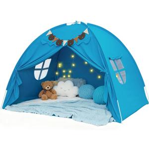 Full Size Bed Tent for Kids, Bed Tent Canopy Dream Playhouse Privacy Space Sleeping Tent with Stars Light & Flags, Toddler Large Floor Play Tent for Boy & Girl, Birthday Children‘s Gift, Blue, 77x55x52"
