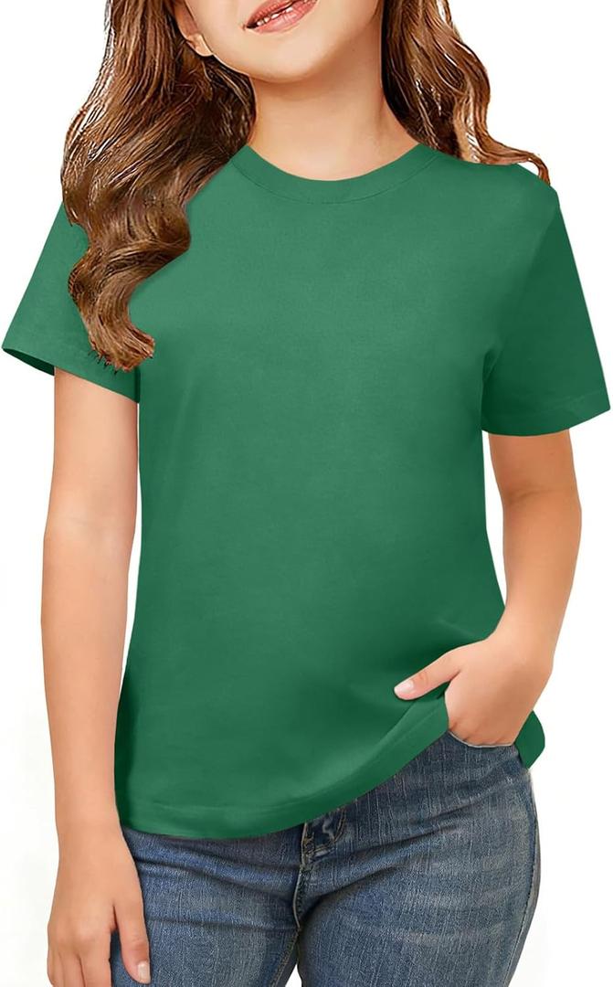 ZDC Girls Short Sleeve Shirts Crewneck T Shirts Kids Summer Tops Basic Tees 5-14 Years (Green)