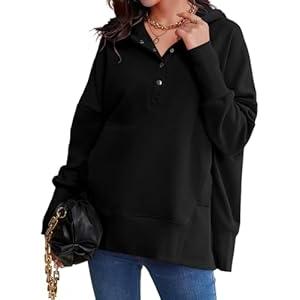 AlvaQ Womens Oversized Sweatshirts Hoodies Fleece Button Neck Sweaters Casual Tops with Pocket Comfy Fall Fashion Outfits Winter Clothes 2025 Black Small