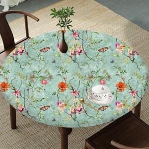 Vintage Garden Round Tablecloth  Fitted Circle Table Cover with Elastic Edge, Waterproof & Washable Polyester Table Cloth for 43" to 54" Indoor/Outdoor Tables