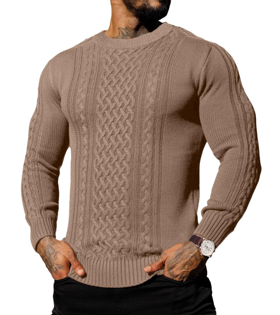 Askdeer Men's Pullover Sweater Fisherman Cable Chunky Knit Crewneck Sweater Winter Casual Knitted Sweaters with Ribbing Edge Khaki, M