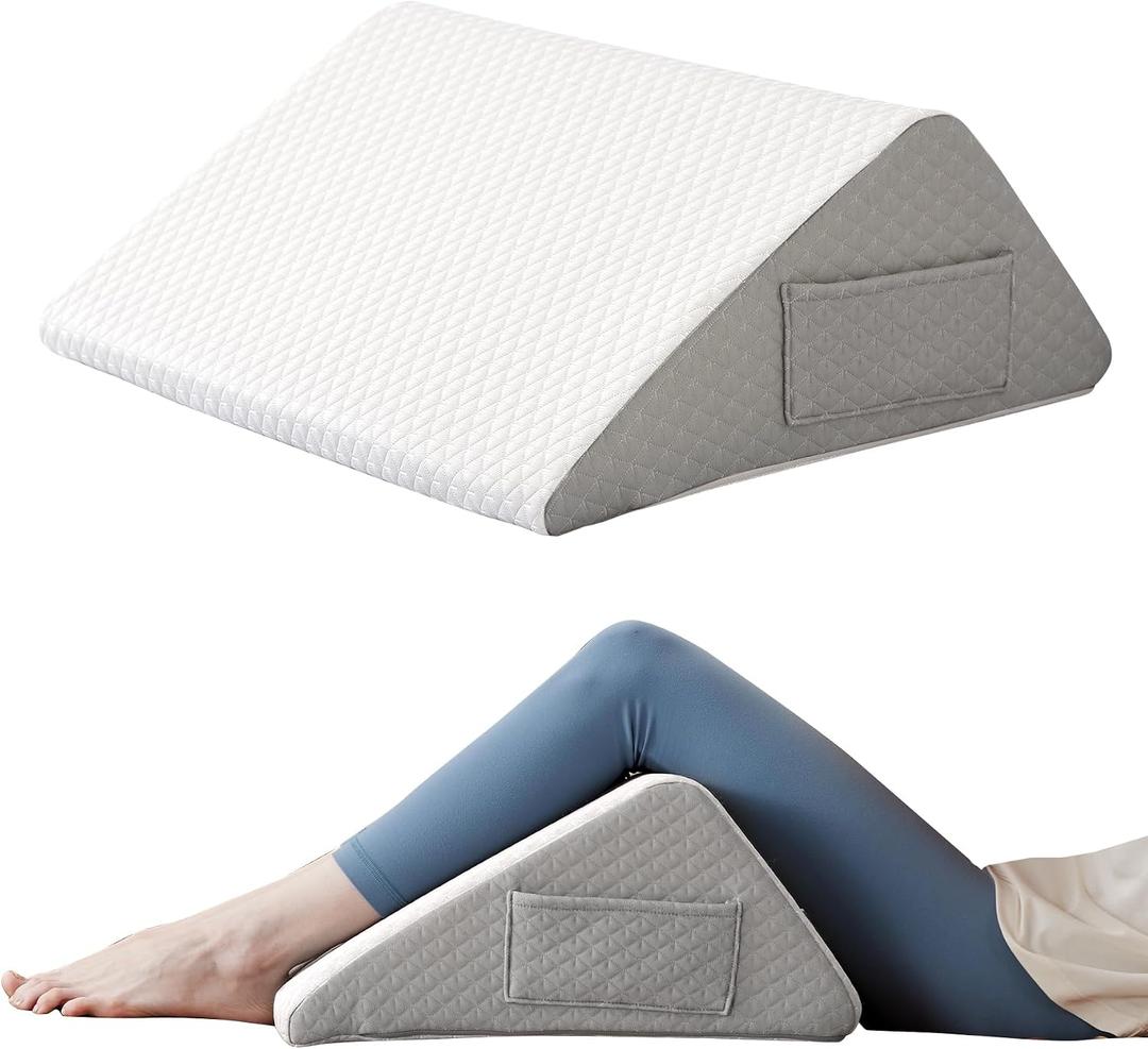 Ruqmuis Knee Pillow for Back Sleeping, 8 Knee Wedge Pillow to Elevate Knee, Leg Pillow for Back Pain Relief, Triangle Pillow, Leg Elevation Pillows for After Surgery, Blood Circulation, White/Grey