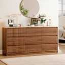 Fluted Dresser for Bedroom with 9 Drawers,62.99" Modern Chest of Drawers with Faux Marble Top, Curved Profile Design,Dresser TV Stand, Wood Drawer Organizer for Living Room, Hallway, Brown