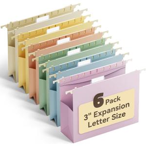Ansook Letter Size Hanging File Folders Extra Capacity, Heavy Duty 3" File Folders Hanging with Tabs,6 Pack Expanding Filing Cabinet Folders, File Frame Hanging File Organizer, Plastic File Box folders