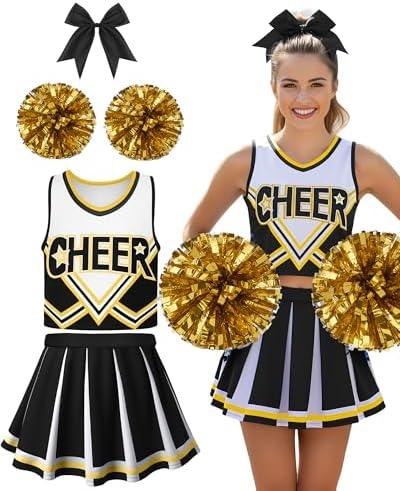 JenPen Women's Cheerleader Costume Halloween High School Cheerleading Outfit Teen Girl Musical Cheer Uniform Hair Bow Pom Pom Size Black Small