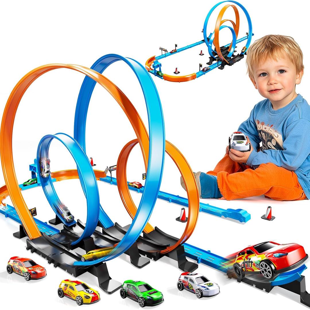 LILYBUDS Toy Car Race Track Set for Boys Kids Age 3-5 4-7, Race Tracks with 4 High-Speed Pull Back Race Cars and Crash Zones, Christmas Halloween Birthdays Gifts Toys for Boys Kids 4-6 8-12 Years Old, Large