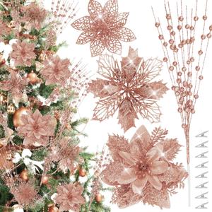 30Pcs Glitter Poinsettia Berries Stems Ornaments Kit, 24Pcs Artificial Flowers with Clips and 6Pcs Berry Picks Floral Decorations for Christmas Tree Wreath Fireplace Xmas Party Decor (Rose Gold)