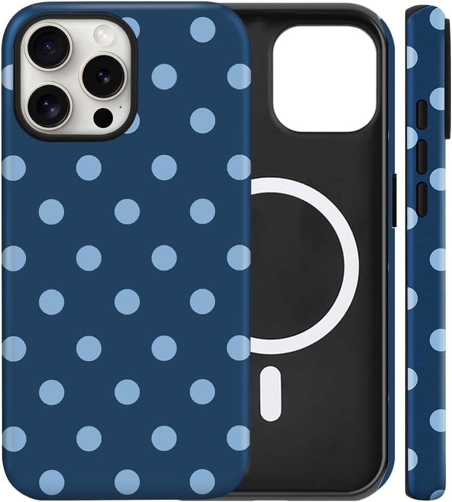 Magnetic for iPhone 16 Pro Max Case Cute Big Polka Dot Phone Case, Shockproof Slim TPU and Hard PC Protective Phone Cover Compatible with MagSafe Designed for Women Girls, Large Lake Blue
