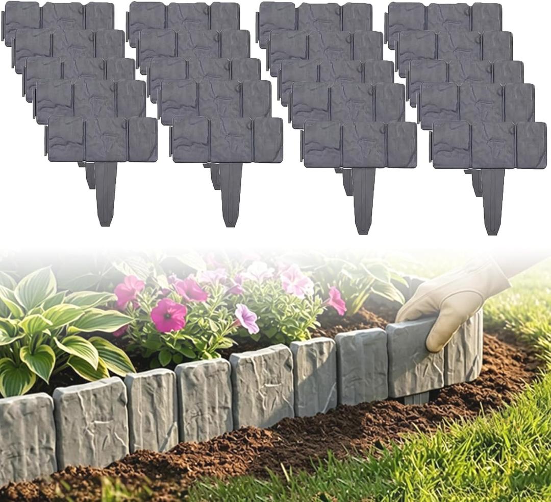 20PCS Faux Stone Edging for Landscaping, Imitation Stone Garden Fence Plastic Retaining Edging Border, for Flower Bed Edging,Yard Edging,Lawn Trees and Gardens(Grey)