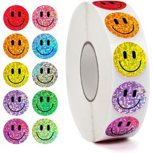 2000PCS Smiling Glitter Stickers, 1inch, 10 Colored Sparkly Foil Happy Stickers, Rewarding Student Behaviour, School Classroom Teacher