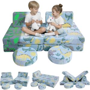 MeMoreCool Modular Glow Sofa for Kids  8-Piece Convertible Foam Couch Set, Glowing Dinosaur Design | Soft Playroom Furniture for Toddlers | Washable Cover