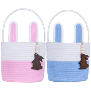 Easter Basket Empty 2 PCS Bunny Woven Rope Easter Baskets for Kids Easter Hunt Baskets with Handle Bags Easter Gifts for Kids Toddlers Girls Boys Teens Set of 2 Blue and Pink