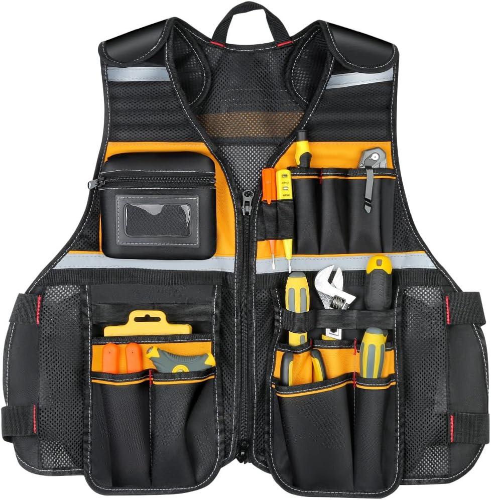 Tool Vest, Multi-Pocket Work Vest with Reflective Strips, Oxford Fabric Construction, Black and Yellow