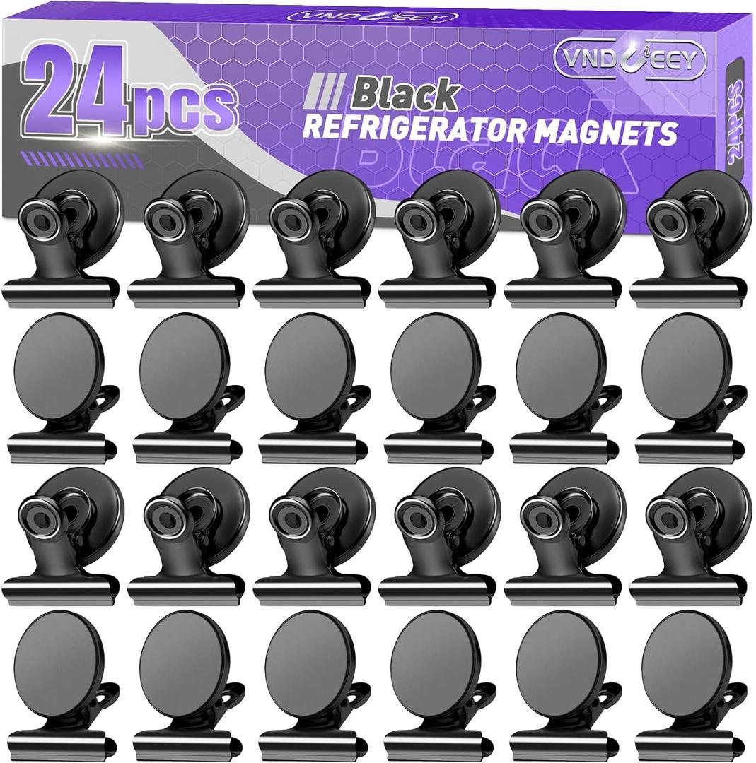VNDUEEY 24 Pack Magnetic Clips Fridge Magnets, Strong Refrigerator Magnets for Hanging Photos, Heavy Duty Magnet Clips for Classroom, Whiteboard and Office (Black)