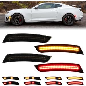 Dynamic Sequential Amber Red LED Side Marker Lights for Chevy Camaro 2016-2023 6th Gen LS LT SS RS ZL1, Smoked Lens Front Rear Bumper Marker Lamps 4PCS