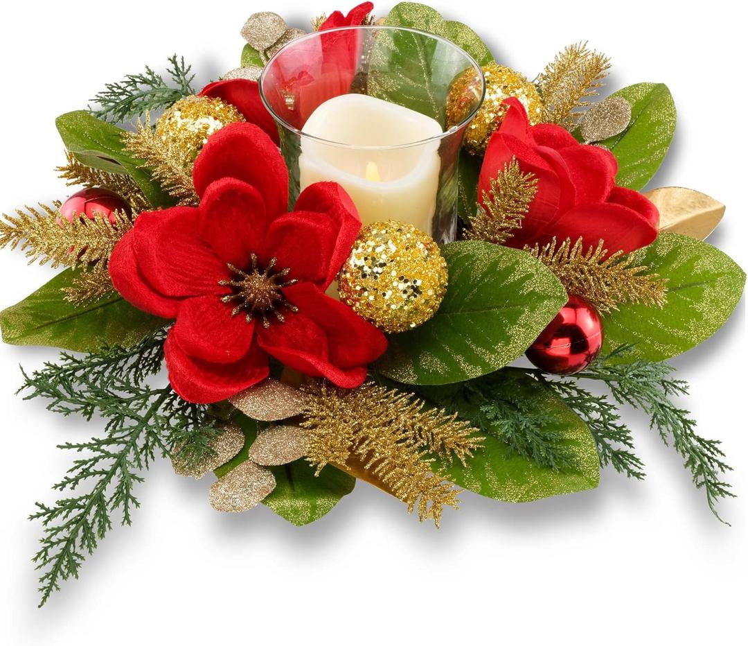 18" Centerpiece with Flameless LED Candle Holder, Design with Red Artificial Magnolia, Gold Baubles & Spruce Branches for Holiday Decor (Red)