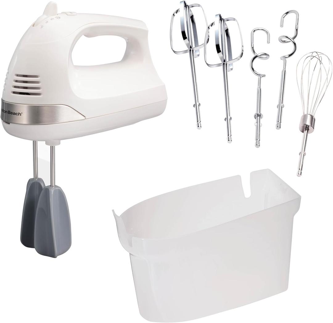 Hamilton Beach 6-Speed Electric Hand Mixer with Whisk, Dough Hooks and Easy Clean Beaters, Powerful 275 Watt Motor, Snap-On Storage Case, White