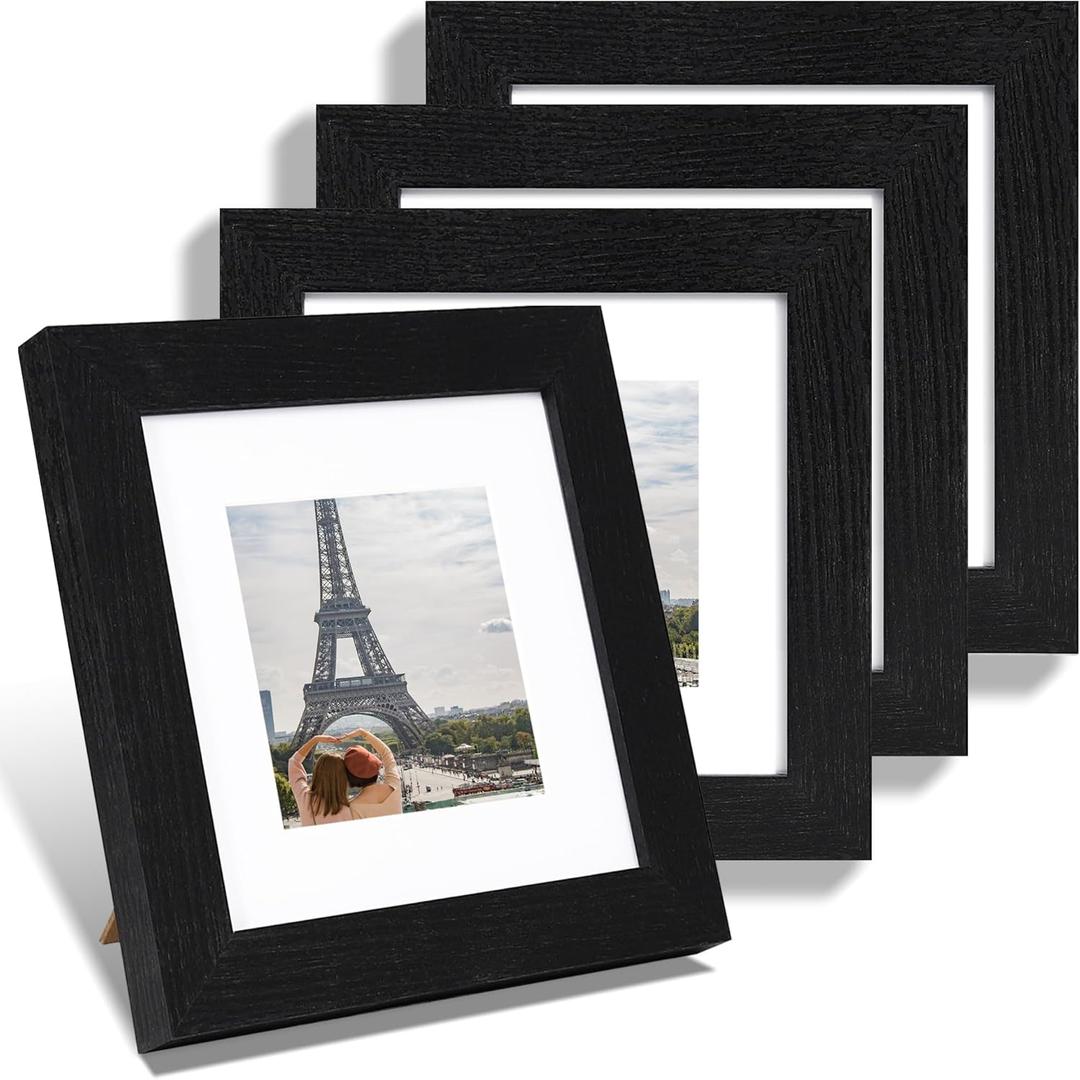 Hongkee 6x6 Picture Frame Set of 4, Made of Glass and Rustic Black Wooden Frame - Display Picture 4x4 with Mat or 6 x 6 Without Mat, 6x6 Photo for Wall or Tabletop