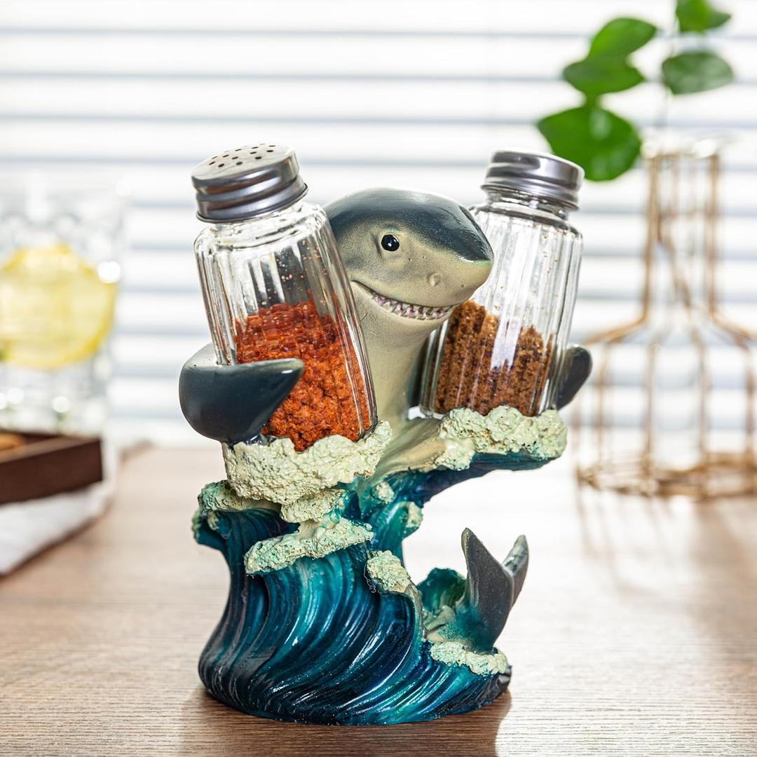 Decorative Shark-shaped Salt and Pepper Shaker Holder Figurine with Glass Jars -A Spice Set for Enhancing Kitchen Fun and Decor Coastal Kitchen Decorations