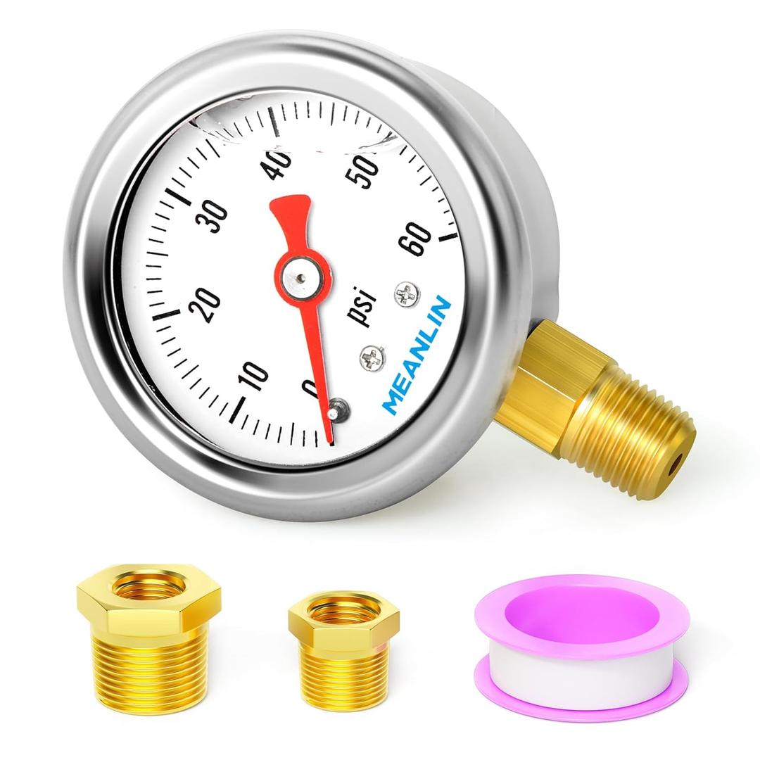 MEANLIN MEASURE 0~60Psi Stainless Steel 1/8" NPT 1.5" FACE DIAL, Glycerin Filled Pressure Gauge, Liquid Filled, Water Oil Air, Lower Mount, with 1/4" NPT and 3/8" NPT Hex Bushing