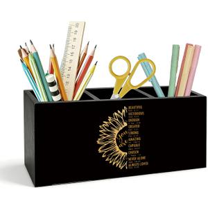 Christian Sunflower Pen Holder for Desk, Christian Gifts for Women, Inspirational Bible Verse Wooden Box Pencil Pen Holder Organizer for Home Office Desk Accessories