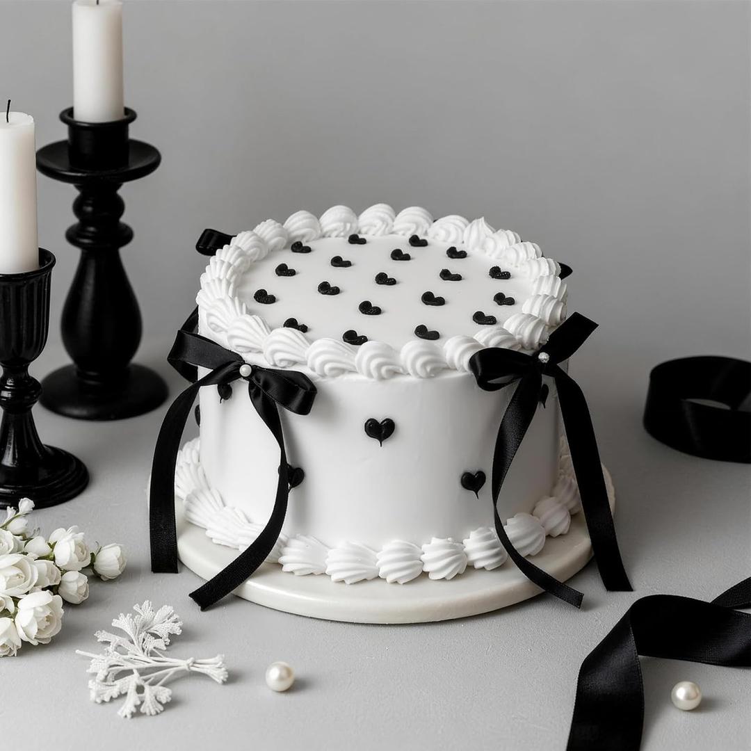 WARMALL 6 Inch Black Bow Fake Cake - Realistic Artificial Cake for Wedding, Coquette Dessert Table Decor, Reusable Fake Cake for Photography, Anniversary, Birthday Party DecorationWhite & Round