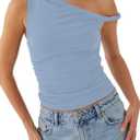 Ythomm Women One Shoulder Ruched Crop Tank Tops Casual Off The Shoulder Twist Strap Summer Tanks Tops Going Out Crop Shirts (Blue, S)