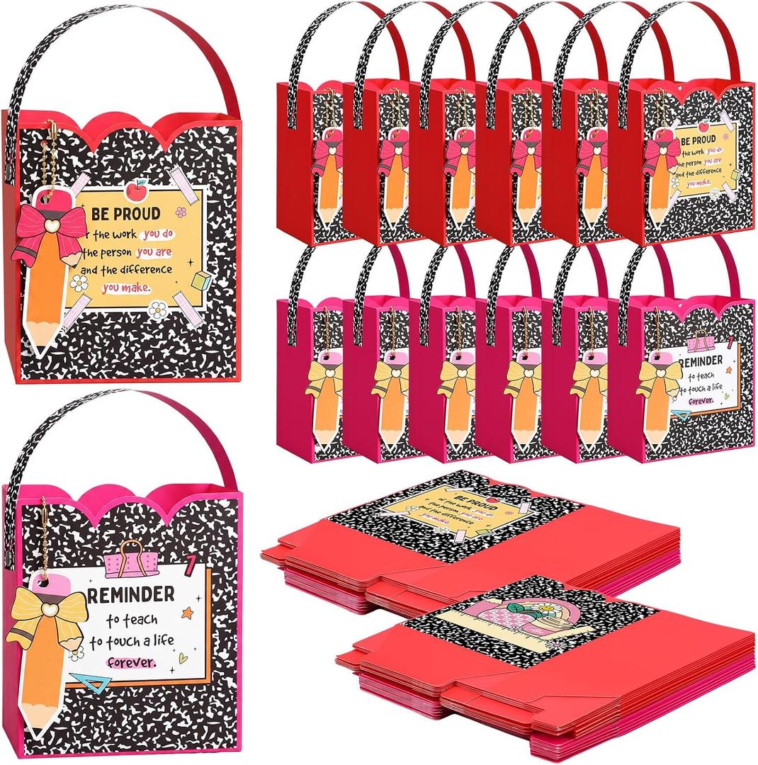Gueevin 24 Sets Back to School Teacher Gifts Bags Composition Notebook | Paper Gift Bags with Handles and Pencil Tags, Teacher Appreciation Gift, Welcome First Day of School, Staff Women Men Gifts
