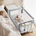 GAIVE 4 in 1 Baby Bassinet, One-Push Setup Pack and Play, Bedside Crib Sleeper with 3 Height AdjustableDiaper Changer, Come with Comfy Mattress, Rotating Toy Bar, from Infants to Toddlers (Grey)