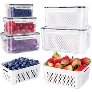 5 PCS Large Fruit Containers for Fridge  Leakproof Food Storage Containers with Removable Colander  Dishwasher & microwave safe Produce Containers Keep Fruits, Vegetables, Berry, Meat Fresh longer
