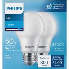 Philips LED 60W A19 2-Pack Basic Daylight (5000K) 800 Lumen (9W = 60W) Frosted Flicker-Free Light Bulbs