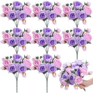 Yunsailing 8 Pack Artificial Peony Flowers Faux Silk Hydrangea Bouquet Wedding Home Table Decor Reusable Bouquet of Rose Flower for Birthday Wedding(Pink Purple)