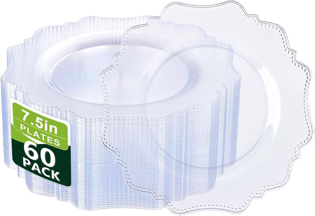 COLOSUS 60pcs 7.5 inch Clear Plastic Dessert Plates - Heavy Duty Plastic Appetizer Plates,Premium Disposable Salad Plate for Thanksgiving Wedding and Everyday Use