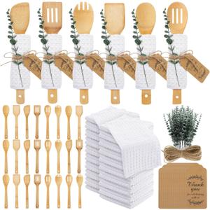 Funnymoom 24 Set Bridal Shower Party Favors Kitchen Utensils Set Bamboo Wooden Spoons for Cooking Artificial Eucalyptus Stems Waffle Towel and Thank You Tags for Guests Prizes Wedding Baby Shower