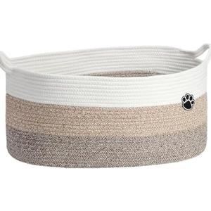 Optish 40L Extra Large Dog Toy Basket, 20" x 14" x 9" XL Toy Storage Box and Bin with Handles, Woven Cotton Rope Foldable Basket for Blankets, Living Room, Bedroom, Home Decor, White & Brown